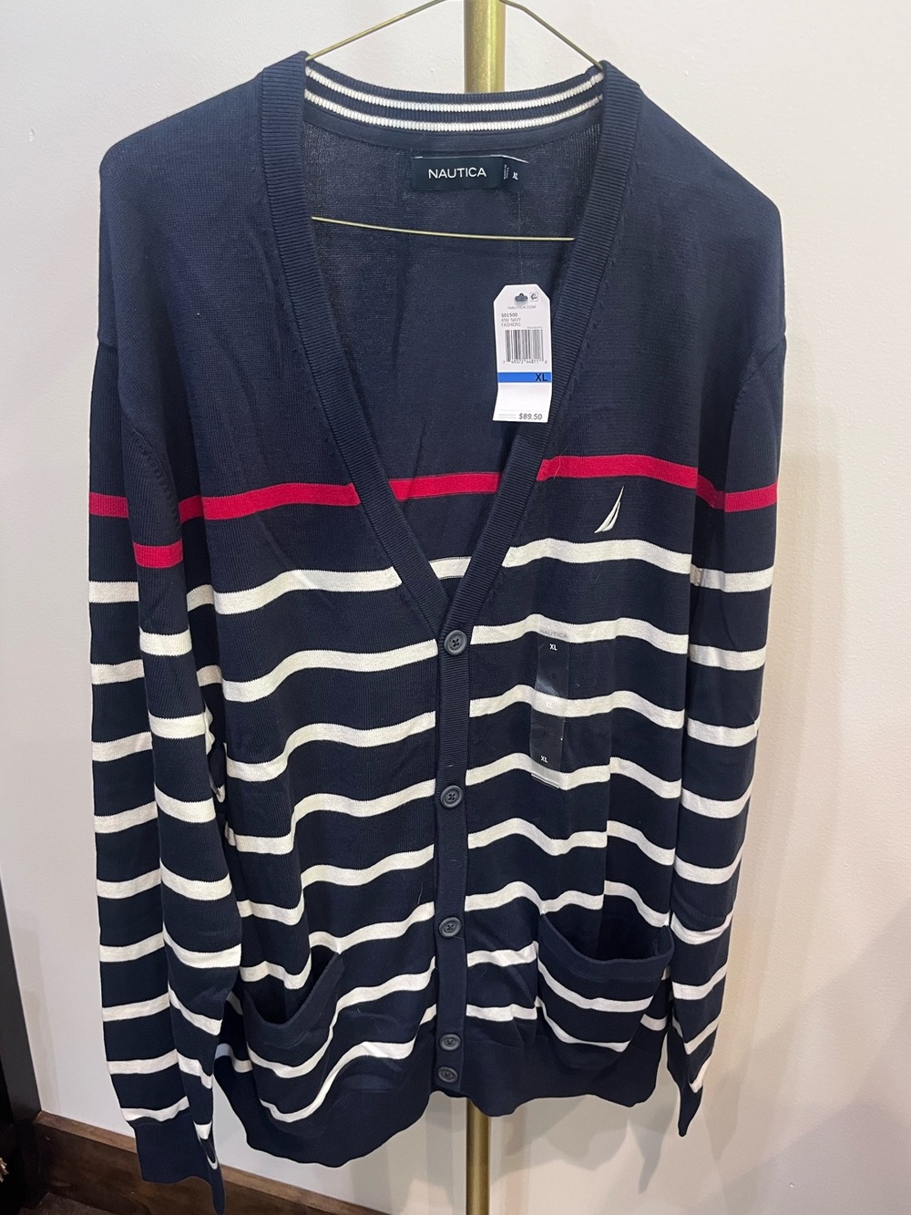 Nautica Navy Cardigan with Cream Stripes and Red Accent
